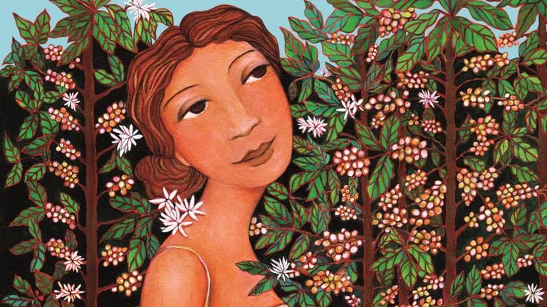 An acrylic painting of a woman in a field of coffee plants