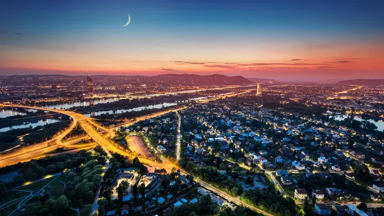 A city at sundown